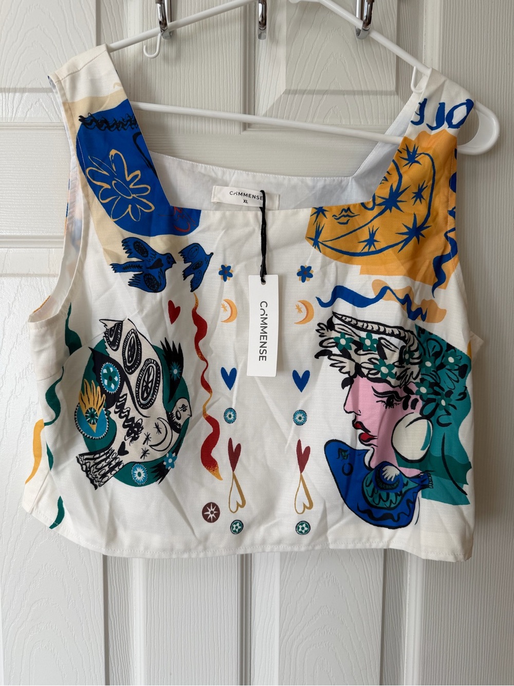 Commense White Multicolor Graphic Crop Tank